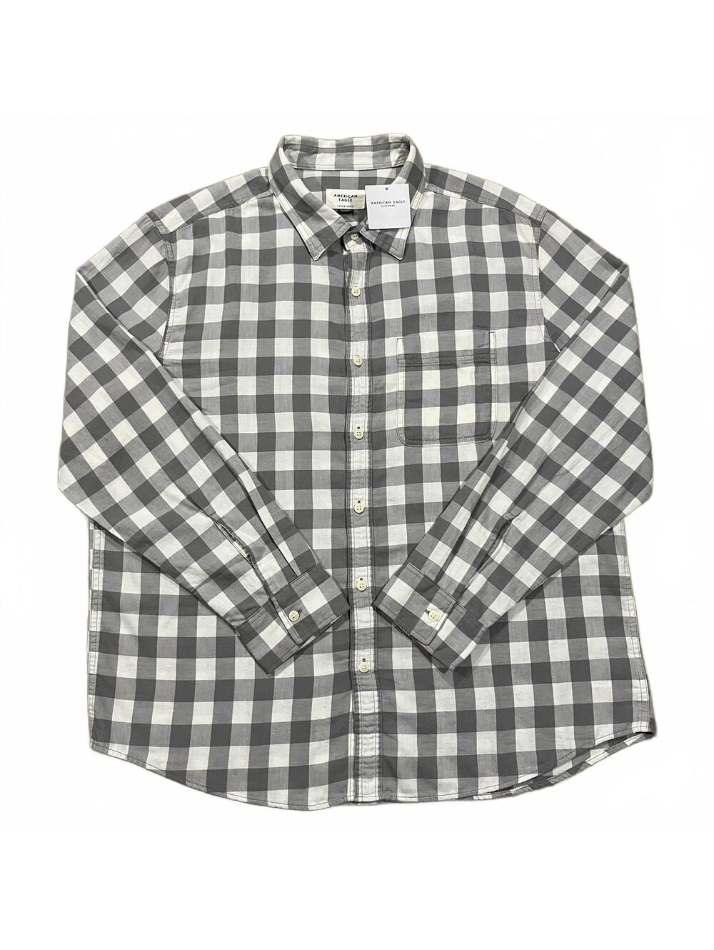 NWT American Eagle Mens Super Soft Gray Plaid Long Sleeve Shirt Size XL